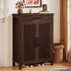 5-Tier Shoe Cabinet with Louvered Doors & Drawer, Freestanding Wooden Shoe Rack Organizer with Adjustable Shelves for Entryway, Hallway, Closet