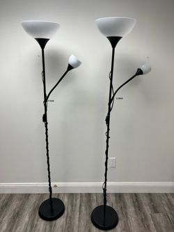 Matching Modern Black Torchiere Floor Lamps with Reading Lights – Excellent Condition