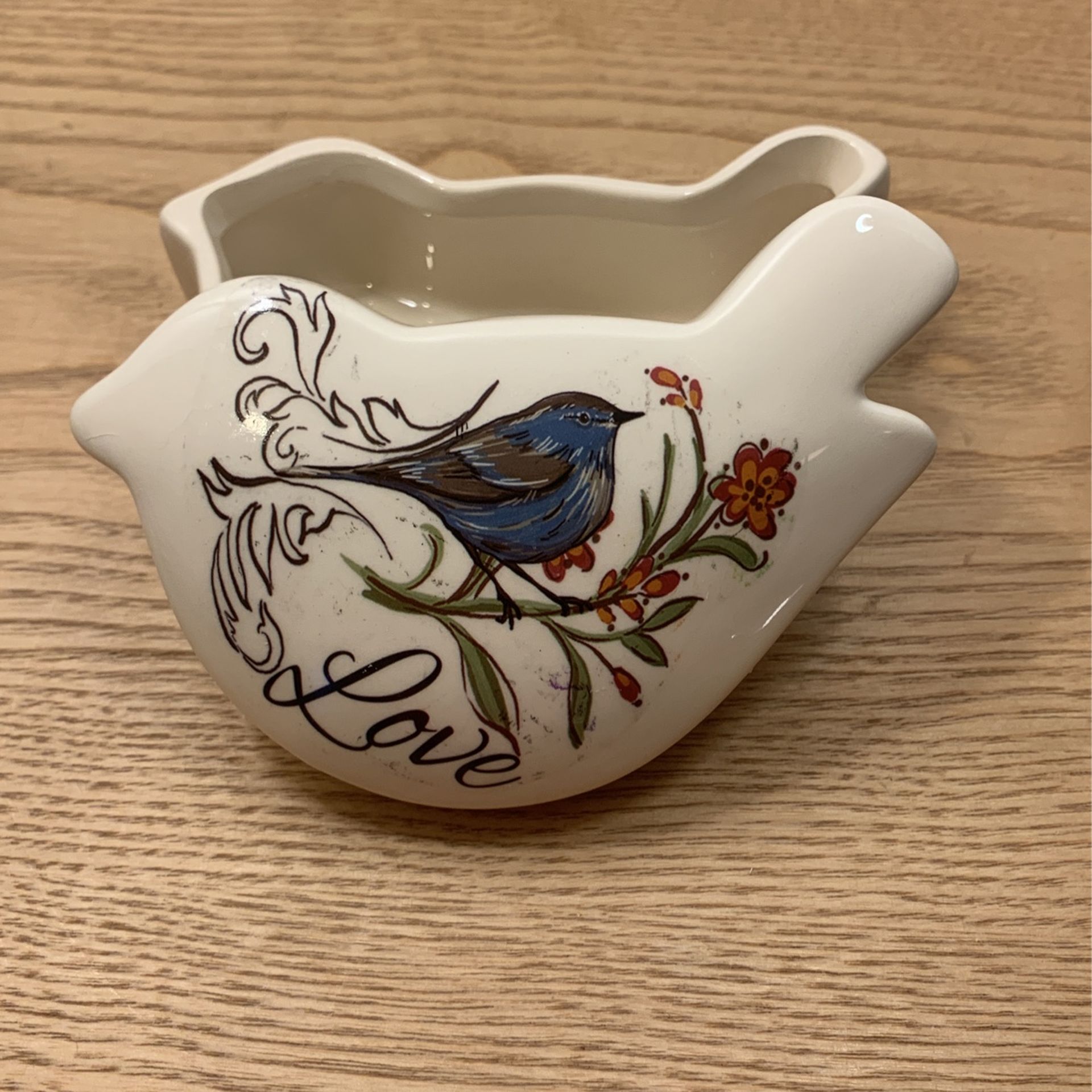 Unique Bird Shaped Small Curio Trinket Box Hand Painted Blue Finch On A Flower Made in China S1