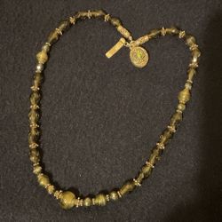 16” Vintage Sterling Silver (925) And Olive Colored Crystal & Beaded Necklace 