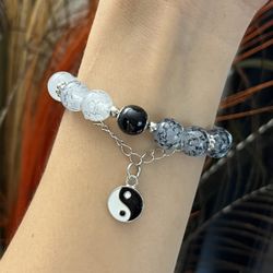 Gray white gemstone beads Tai Chi tag Lotus jade flower bracelet