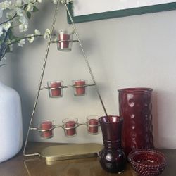 Tall Gold Metal Christmas Tree with 6 Red Candles in Clear Glasses