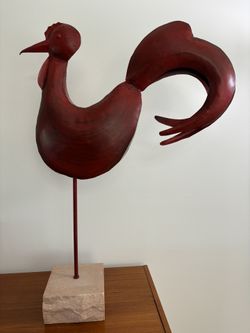 Large Red Rooster Metal Art Sculpture Statue Stone Base 34”