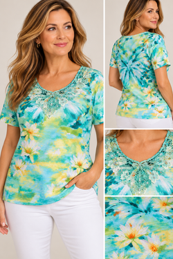 Alfred Dunner Floral Top – Aqua Green Lace Rhinestone Embellished Short Sleeve Blouse