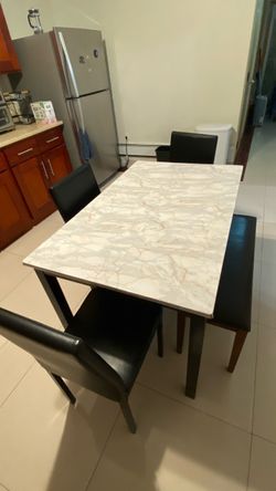 marble design dining table 3 chairs 1 bench