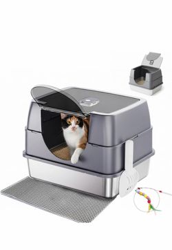 Enclosed Cat Litter Box with Flip-Top Lid, Stainless Steel Large Covered Litter Box, High Sided Metal Litter Pan with Litter Scoop & Mat, Odor Control