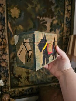 Folk Hand-Painted Wooden Playing Card Box with Animal Motifs