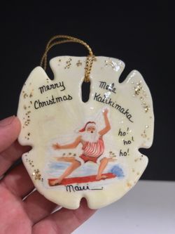 Mele Kalikimaka Maui Surfing Santa Hawaiian Faux Sand Dollar Ornament 3.5"