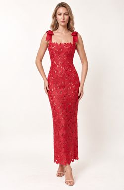 DESIGNER’S CLOSET Jenny Maxi Dress Red XS | Bow Strap Lace Formal Column Gown