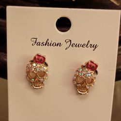 Sparkly Skull Earrings With Pink Rose.