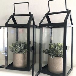 Home Decor Tabletop 10” Tall Black Metal Frame Glass Lanterns With Potted Plants - Set Of 2