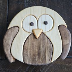 Cute little owl, wood handmade carved wall art decor, handcrafted Inlaid