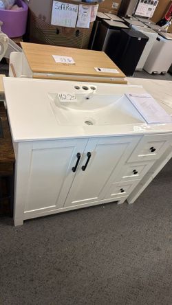 White Bath Vanity with 3 Holes White Ceramic Top Unassembled, Single Sink