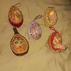 (#8) 5 MCM DIORAMA Xmas Easter Ornament Glitter Pearls Real Eggshells handmade