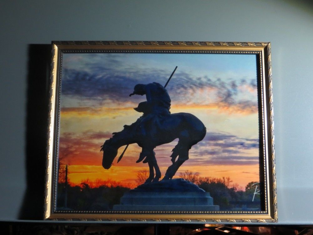 8 X 10  Framed Photo Of End of the trail Statue In Waupun ,WI With Sunset Behind