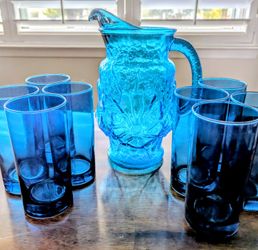 Teal Pitcher with 8 Glasses 