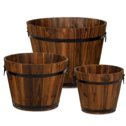 Wooden Barrel Planters with Drainage Holes set of 3, Brown