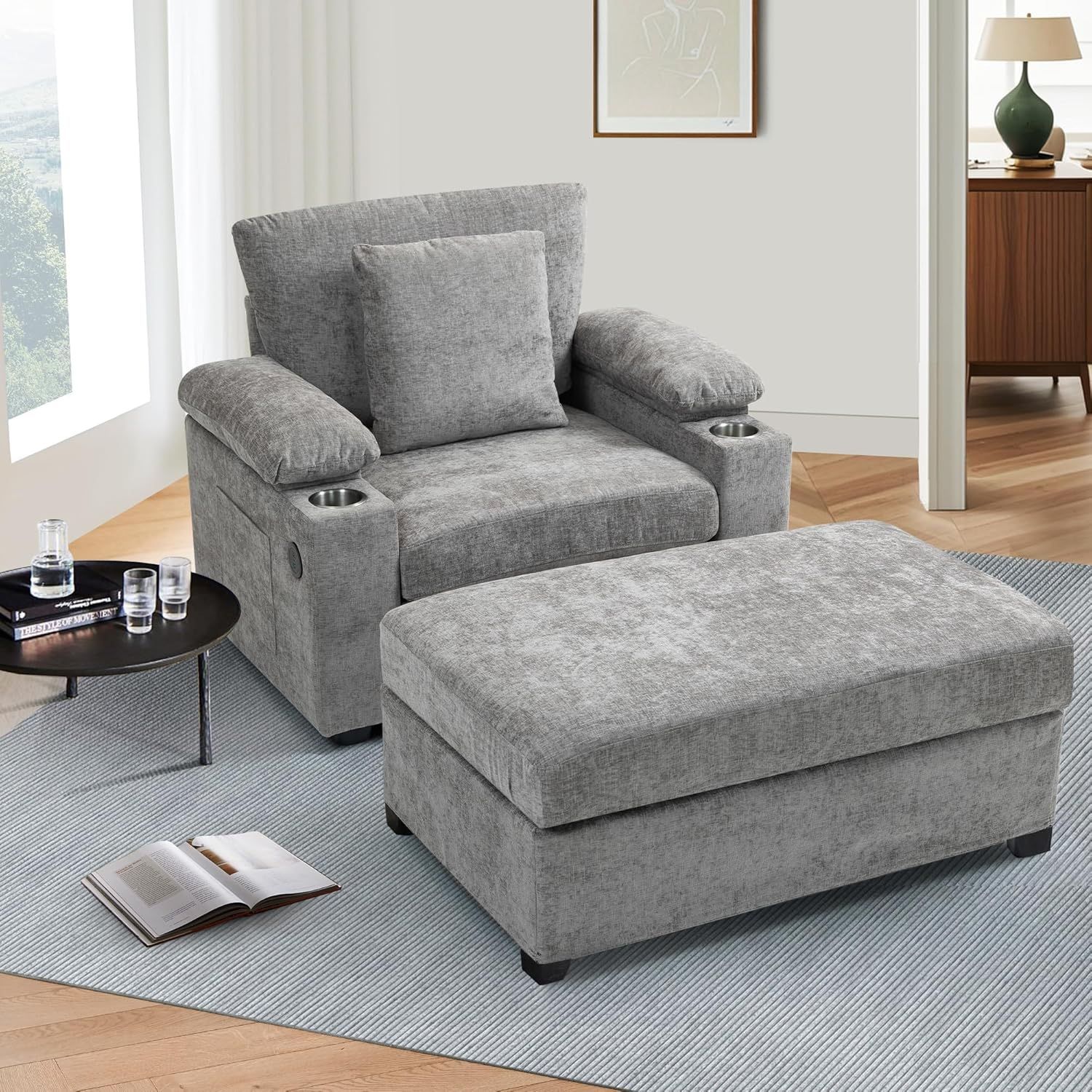 New SUNWAVE Over Size Chaise Lounge Chair with Ottoman, Chenille Fabric Sofa Bed, Accent Chair with Cupholders & USB Charging Ports for Living Room, B