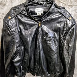 Diamond Leather Black Leather Jacket With A Snap-Collar And Full Front Bronze  Zipper • 