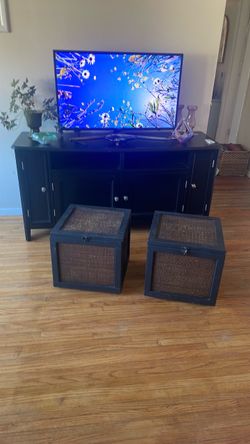 Pretty pair of vintage wood and woven panel storage boxes