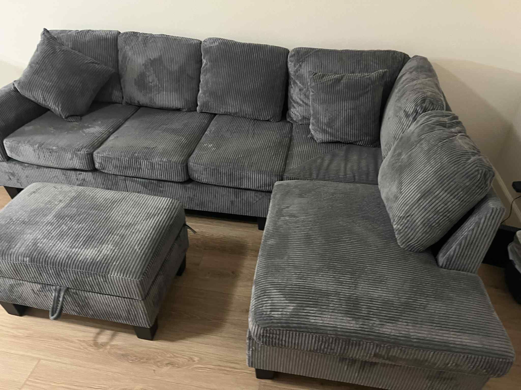 New Gray Corduroy Sectional Couch with Storage Ottoman! Includes Free Delivery 🚚!