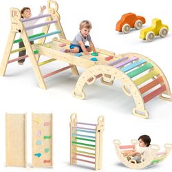 BlueWood Pikler Triangle Set, Toddler Climbing Toys Indoor, 7in1 Foldable Baby Climbing Toys- Rainbow