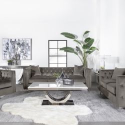 Brand New 2PC Urban Bronze Velvet Sofa and Loveseat Set