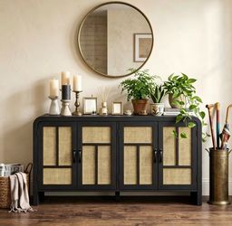 Black Rattan 4-Door Sideboard Cabinet