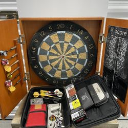 Dartboard Cabinet Set w/ Darts + Accessories