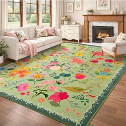 Floral Living Room Rug 9x12, Washable Boho Flower Area Rug, Non-Slip Low-Pile Carpet with TPE Backing for Bedroom, Kid Friendly Flower Rug for Playroo