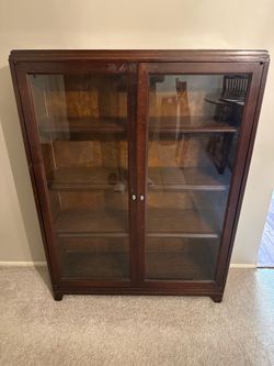 1930s–1940s Vintage Wooden Display Cabinet with Glass Doors
