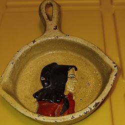 Vintage Miniature Cast Iron Skillet with Amish Woman On It 