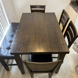 Counter Height, Dining Table. 4 Stools And Bench.