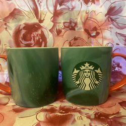 Two Starbucks 2024 Teal Watercolor Mug 11 oz fl/325 ml - Red Handle Ceramic Cup