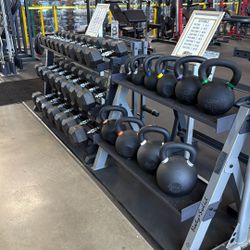 Kettlebells – Dumbbells – Olympic Plates – Olympic Bar – Bumper Plates – Home Gym – Rubber Flooring – Squat Rack