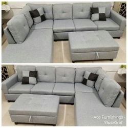 Brand New Light Grey Linen Fabric Sectional With Storage Ottoman 