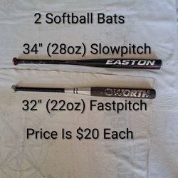 2 Softball Bats(34" Easton Slowpitch & 32" Worth Fastpitch) Price Is $20 Each