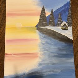 Hand-Painted Winter Sunset Landscape on Canvas