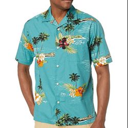 Tropical Hawaiian Style Casual Shirt 100% Cotton Polo Collar Short Sleeve Shirt top Men's Size L Large