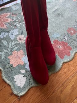 Red Thigh High Velvet Boots Size 7