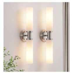 Kuzzull Wall Sconces Set of Two,Brushed Nickel Bathroom Sconces Wall Lighting with White Glass, Modern Sconces