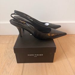 Marc Fisher Women’s 11 Black Leather Croc Pointed Toe Slingback Stiletto