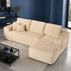 104" Beige Velvet Corduroy High Density Foam Injected Chaise Lounge Sectional Sofa [NEW] *Compressed* <NO ASSEMBLY>