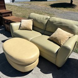Leather Pistachio 80” Sofa w/ Custard Ottoman