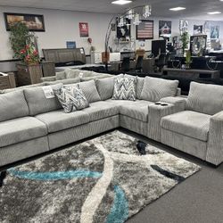 Gray Sofa Sectional w/ Console & Outlet 