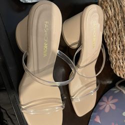 Clear Strap Beige Block Heel