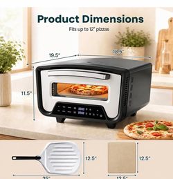Horno eléctrico para pizza de 12 pulgadas con calor alto de 850 °F 1700 W, zonas de calefacción dobles y 8 modos preestablecidos, máquina de pizza de 