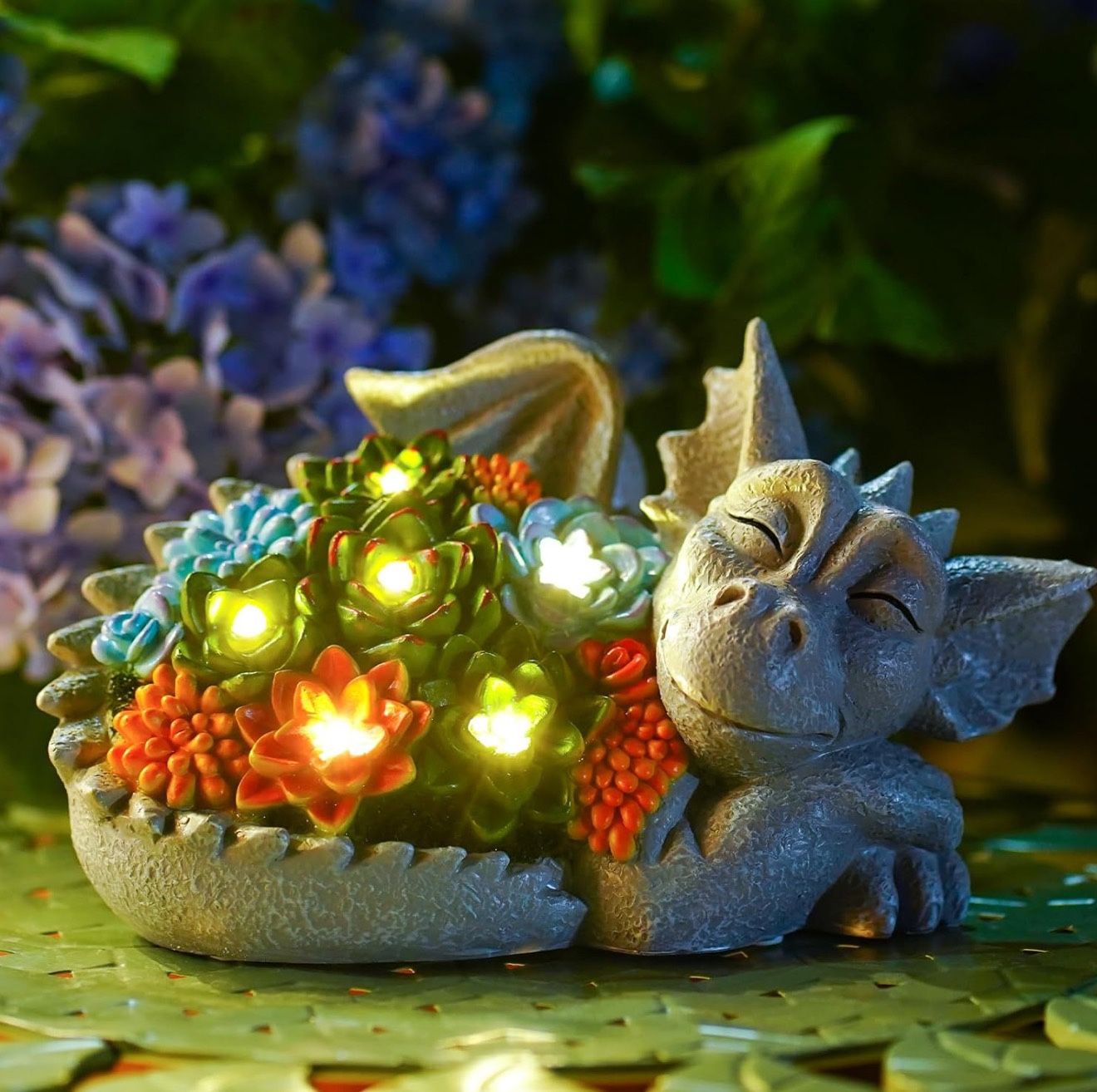 Solar Dragon Statue with Succulent Lights - Dragon Garden Sculptures & Statues,Garden Decor for Outdoor Yard Art Ornaments 9.1inch (Gray)