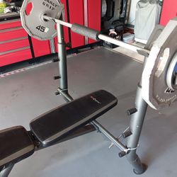 Weight Bench With Professional Weights, 2 45lb And 2 5 Lb.  5' Bar 35lbs, Includes Leg Attachment With 90lbs Of Weight.  Bench Adjustable.  Excellent 