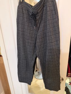 Dark Gray Plaid Wide-Leg Drawstring Pants